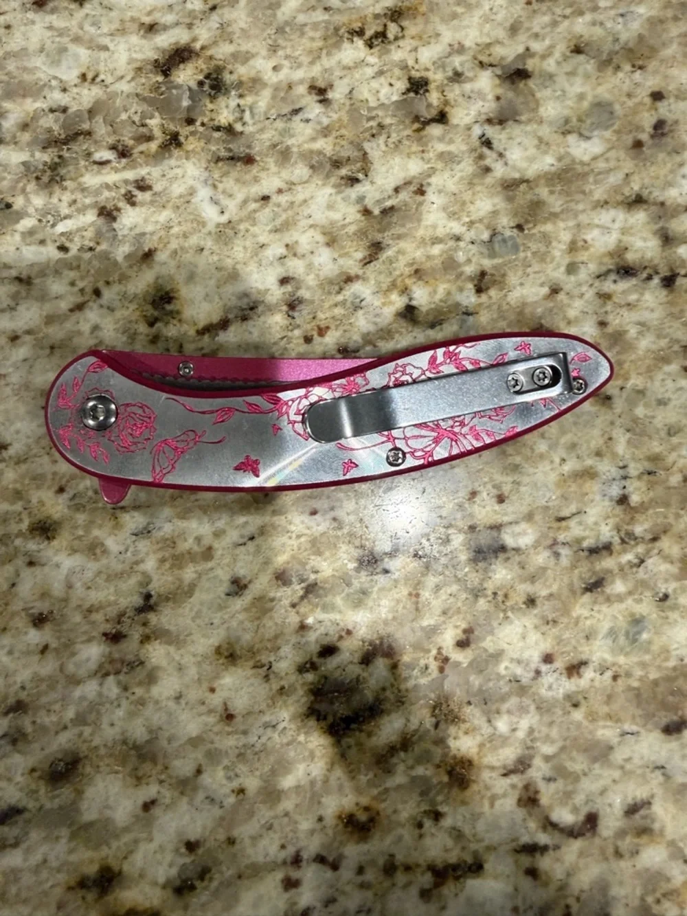 Falcon Pink Silver Floral Butterfly Aluminum Handle Folding Pocketknife